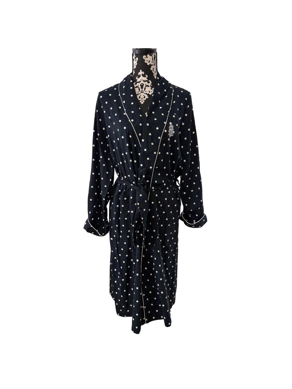Lauren Ralph Lauren Navy Blue Polka Dot Cotton Wrap Robe Monogram Medium